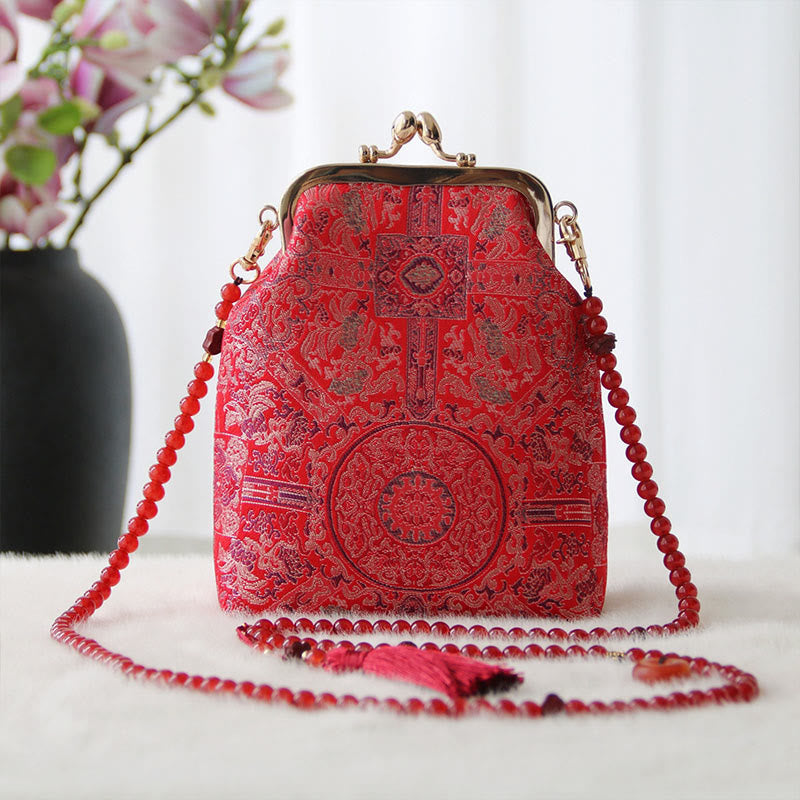 Buddha Stones Retro Chinese Embroidery Pearl Chain Crossbody Bag Shoudler Bag - Red Flower Embroidery 14*6*18cm - image 10