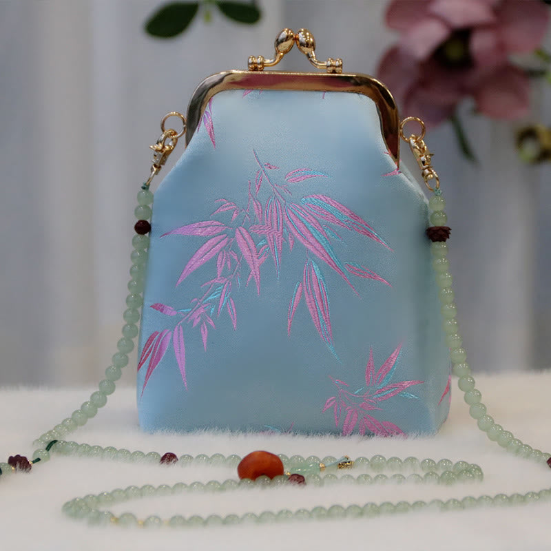 Buddha Stones Retro Chinese Embroidery Pearl Chain Crossbody Bag Shoudler Bag - LightSkyBlue Bamboo Leaves 14*6*18cm - image 9