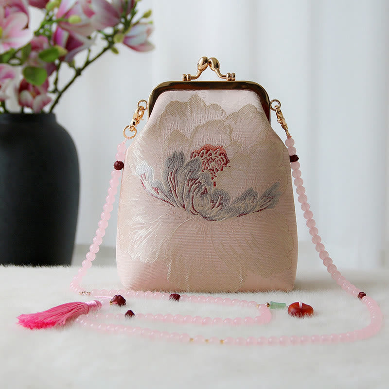 Buddha Stones Retro Chinese Embroidery Pearl Chain Crossbody Bag Shoudler Bag - Pink Flower 14*6*18cm - image 11