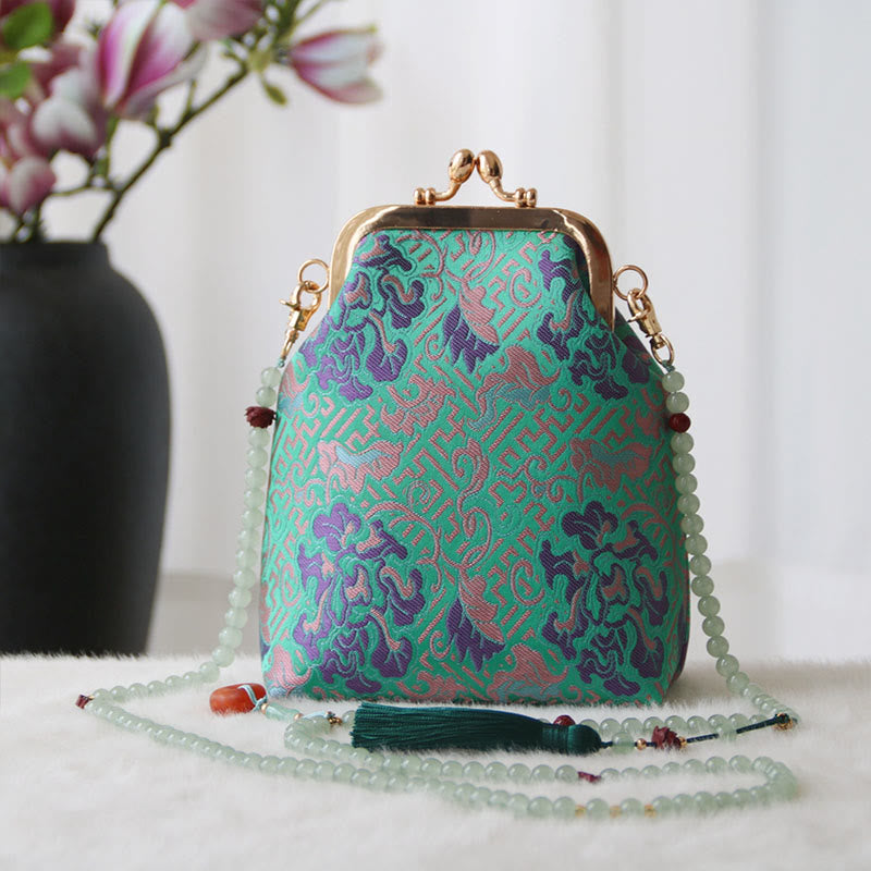 Buddha Stones Retro Chinese Embroidery Pearl Chain Crossbody Bag Shoudler Bag - MediumSpringGreen Flower 14*6*18cm - image 17