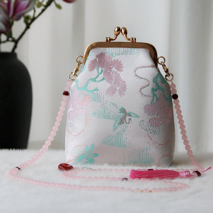 Buddha Stones Retro Chinese Embroidery Pearl Chain Crossbody Bag Shoudler Bag - LavenderBlush Tree 14*6*18cm - image 18