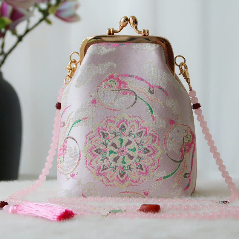 Buddha Stones Retro Chinese Embroidery Pearl Chain Crossbody Bag Shoudler Bag - Pink Mandala 14*6*18cm - image 14