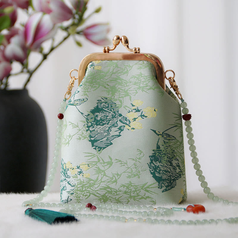 Buddha Stones Retro Chinese Embroidery Pearl Chain Crossbody Bag Shoudler Bag - Aquamarine Leaves 14*6*18cm - image 16