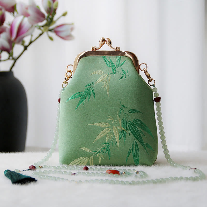 Buddha Stones Retro Chinese Embroidery Pearl Chain Crossbody Bag Shoudler Bag - SpringGreen Bamboo Leaves 14*6*18cm - image 15