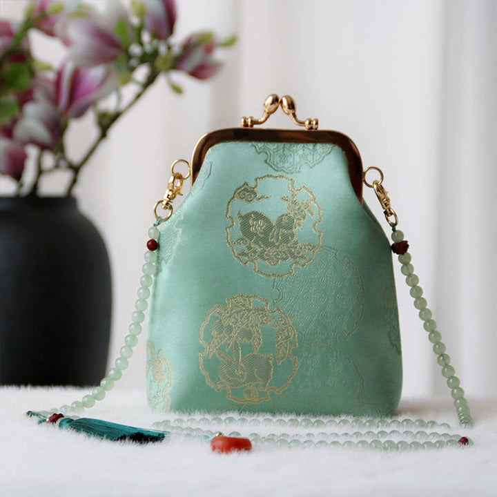 Buddha Stones Retro Chinese Embroidery Pearl Chain Crossbody Bag Shoudler Bag - MediumSpringGreen Rabbit 14*6*18cm - image 19