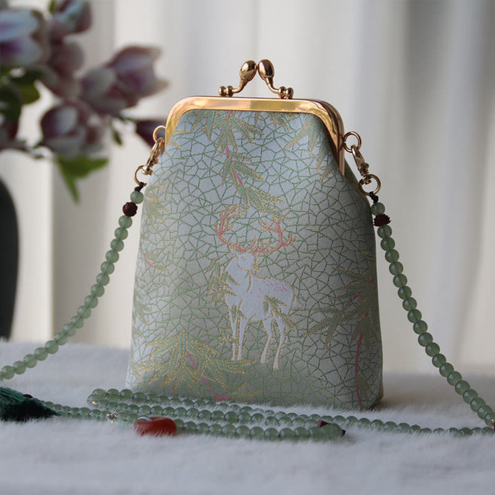 Buddha Stones Retro Chinese Embroidery Pearl Chain Crossbody Bag Shoudler Bag - DarkSeaGreen Deer 14*6*18cm - image 21