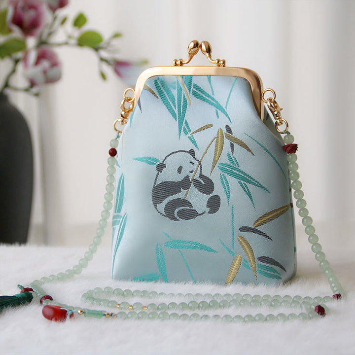 Buddha Stones Retro Chinese Embroidery Pearl Chain Crossbody Bag Shoudler Bag - Cyan Panda Bamboo 14*6*18cm - image 22