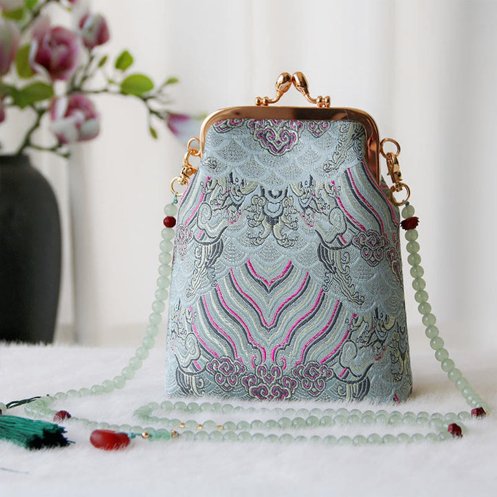 Buddha Stones Retro Chinese Embroidery Pearl Chain Crossbody Bag Shoudler Bag - LightSkyBlue Auspicious Clouds 14*6*18cm - image 24