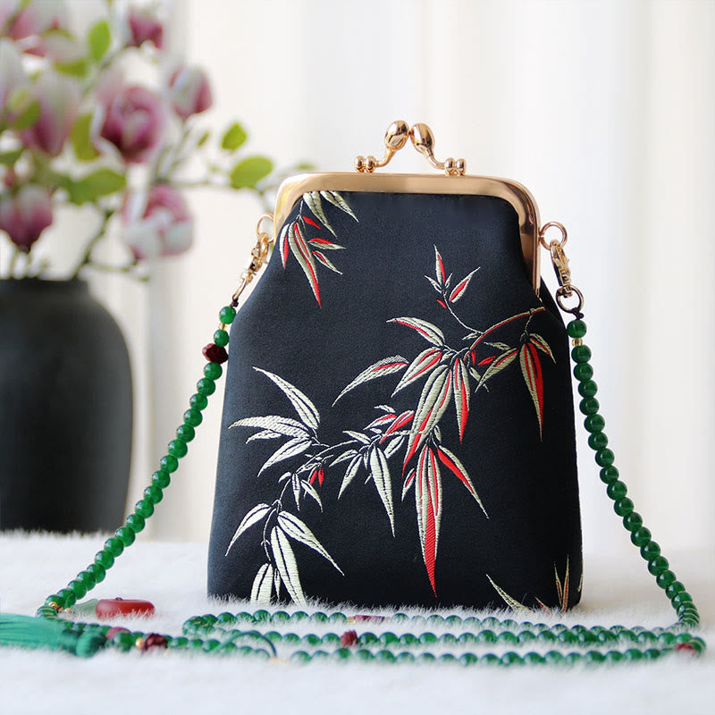 Buddha Stones Retro Chinese Embroidery Pearl Chain Crossbody Bag Shoudler Bag - Black Bamboo Leaves 14*6*18cm - image 23