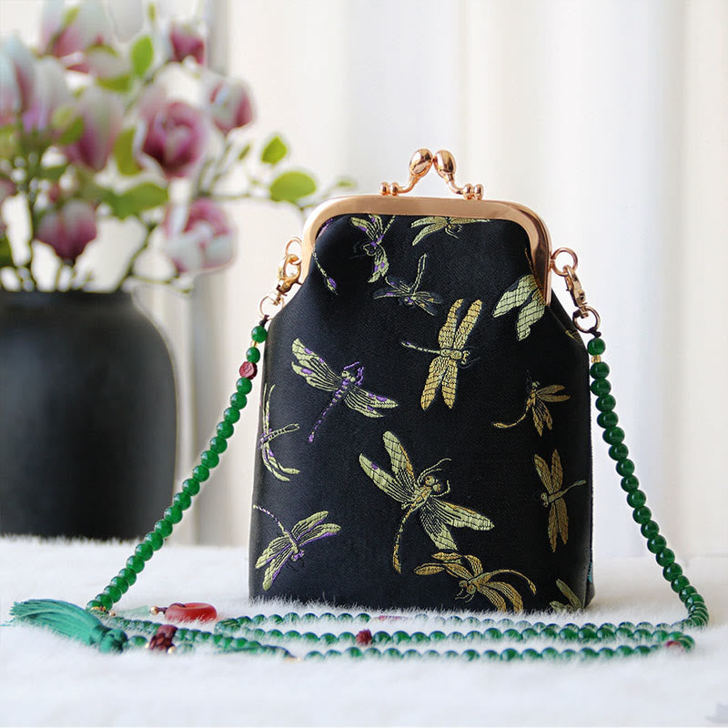 Buddha Stones Retro Chinese Embroidery Pearl Chain Crossbody Bag Shoudler Bag - Black Dragonfly 14*6*18cm - image 25