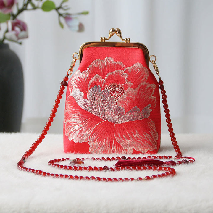 Buddha Stones Retro Chinese Embroidery Pearl Chain Crossbody Bag Shoudler Bag - Red Big Flower 14*6*18cm - image 28