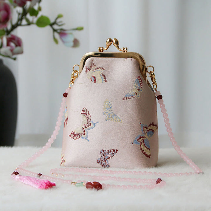 Buddha Stones Retro Chinese Embroidery Pearl Chain Crossbody Bag Shoudler Bag - Pink Butterfly 14*6*18cm - image 29