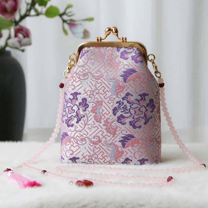 Buddha Stones Retro Chinese Embroidery Pearl Chain Crossbody Bag Shoudler Bag - LightPink Flower 14*6*18cm - image 30