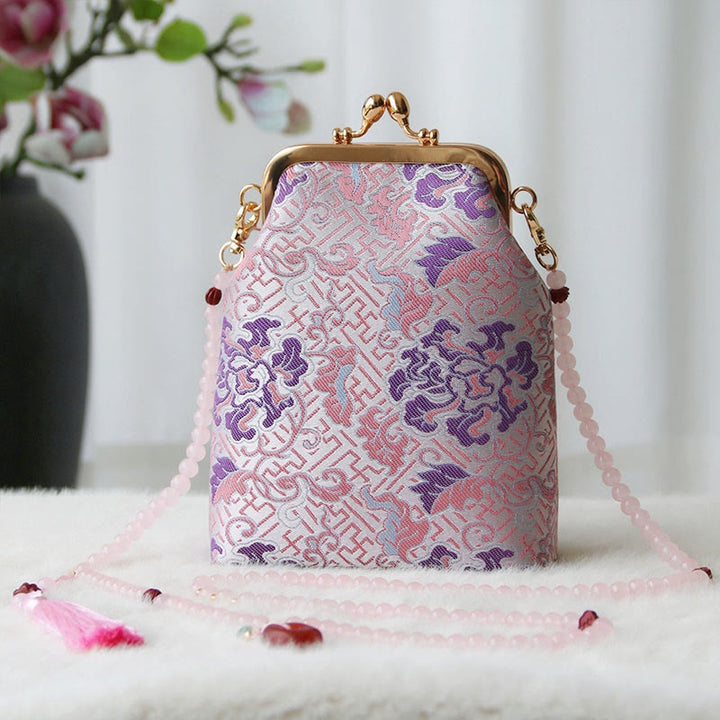 Buddha Stones Retro Chinese Embroidery Pearl Chain Crossbody Bag Shoudler Bag - LightPink Flower 14*6*18cm - image 30