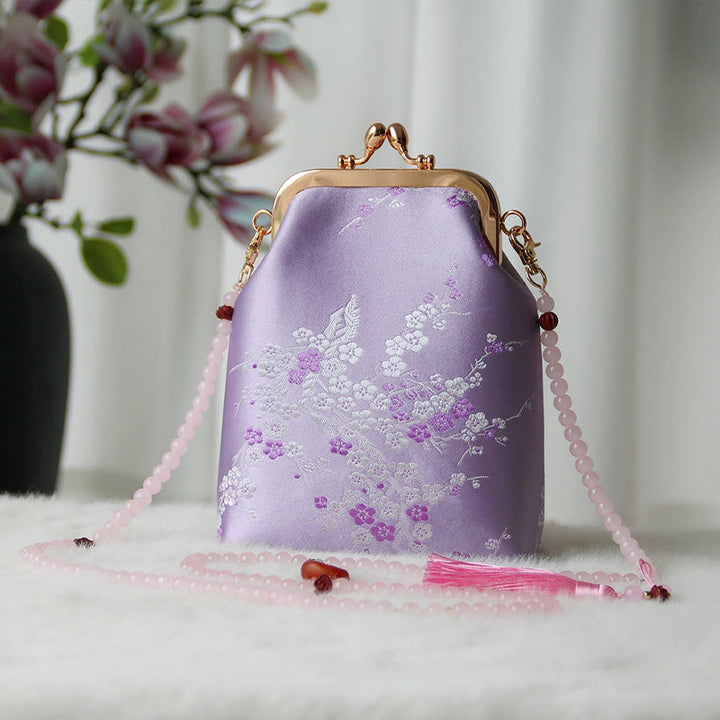 Buddha Stones Retro Chinese Embroidery Pearl Chain Crossbody Bag Shoudler Bag - Orchid Plum 14*6*18cm - image 32