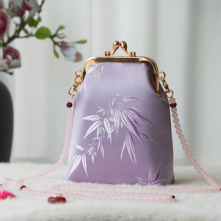 Buddha Stones Retro Chinese Embroidery Pearl Chain Crossbody Bag Shoudler Bag - Violet Bamboo Leaves 14*6*18cm - image 31