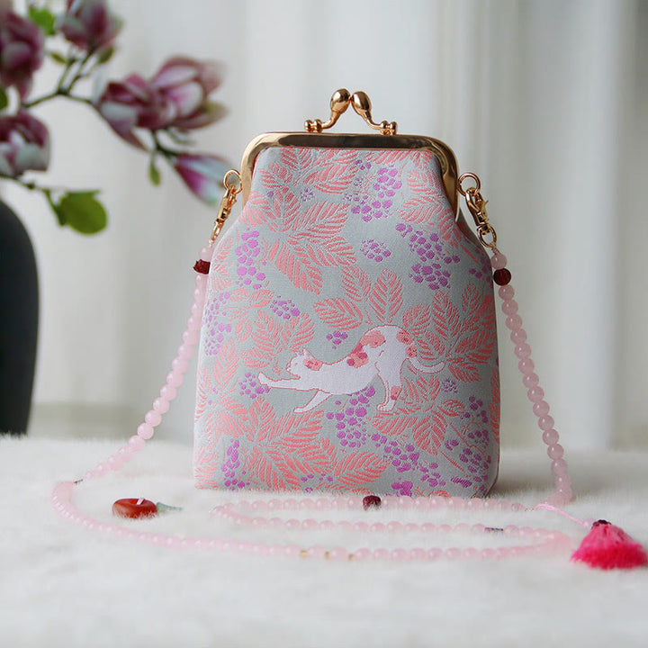 Buddha Stones Retro Chinese Embroidery Pearl Chain Crossbody Bag Shoudler Bag - Thistle Cat 14*6*18cm - image 33