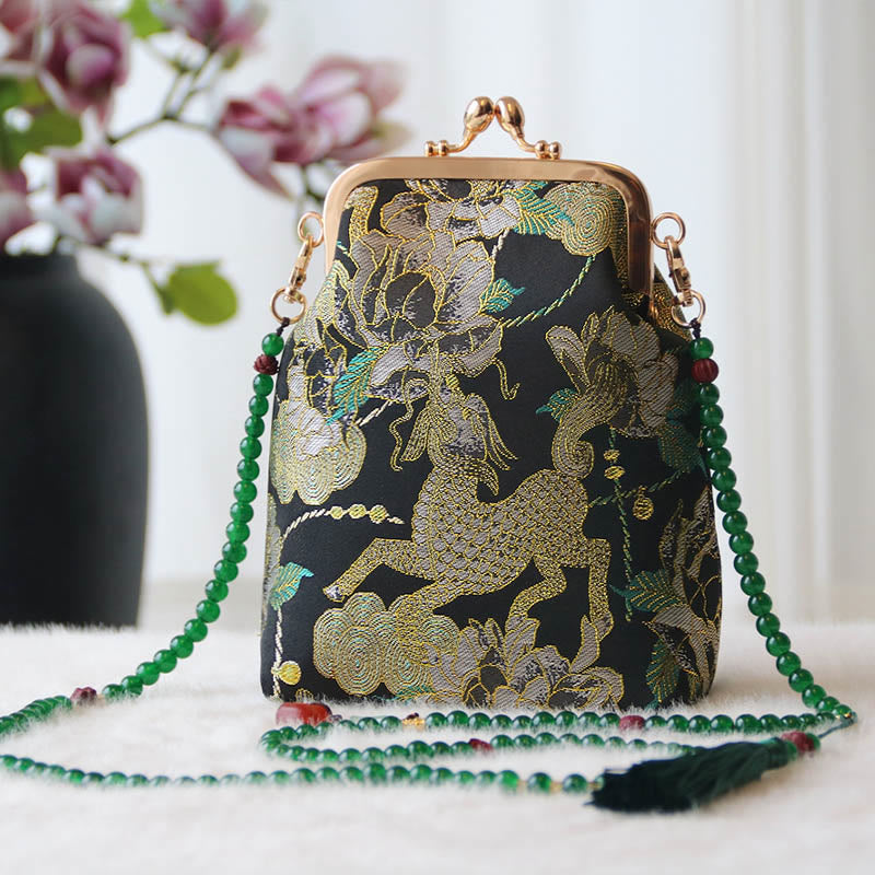 Buddha Stones Retro Chinese Embroidery Pearl Chain Crossbody Bag Shoudler Bag - Black Kirin Peony 14*6*18cm - image 34