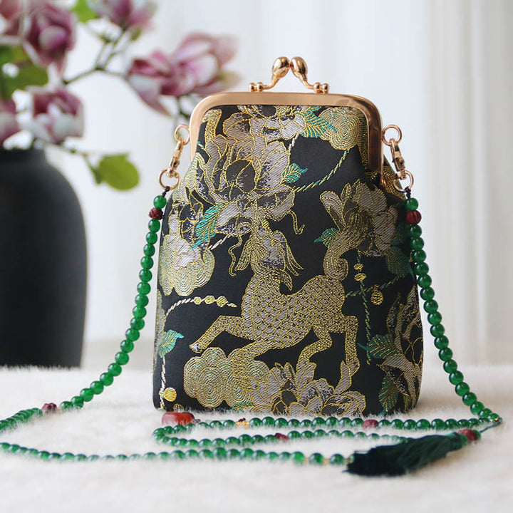 Buddha Stones Retro Chinese Embroidery Pearl Chain Crossbody Bag Shoudler Bag - Black Kirin Peony 14*6*18cm - image 34