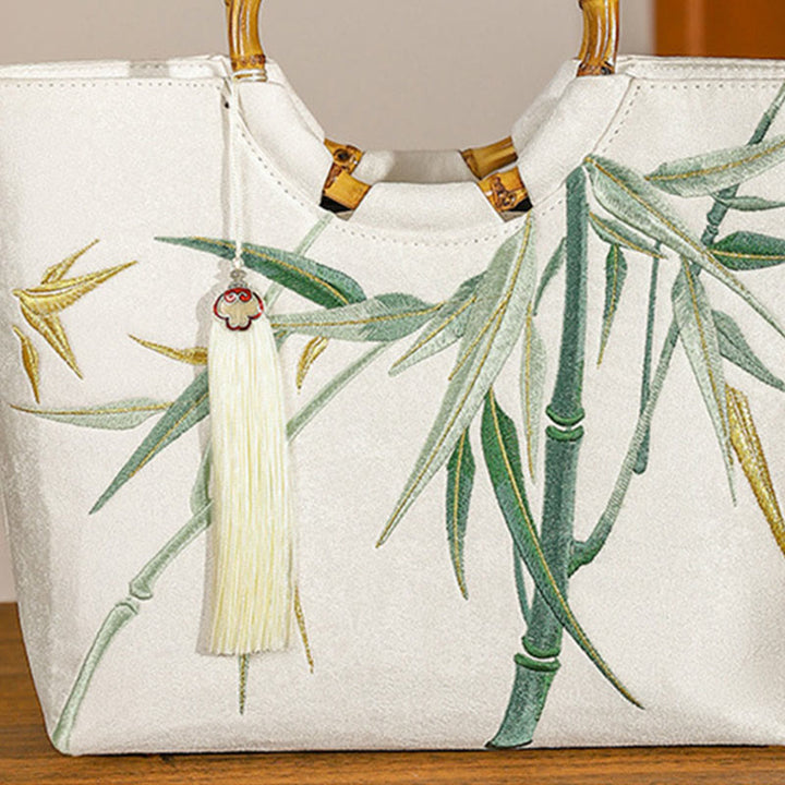 Buddha Stones Embroidery Bamboo Handle Tassel Handbags - image 6
