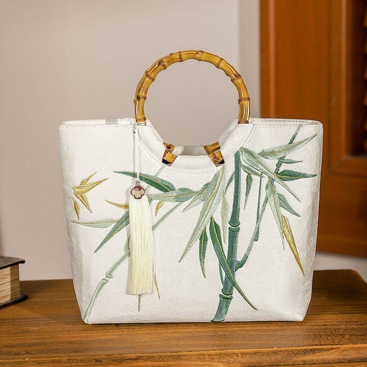 Buddha Stones Embroidery Bamboo Handle Tassel Handbags - White Bamboo Embroidery 26*22*8.5cm - image 0