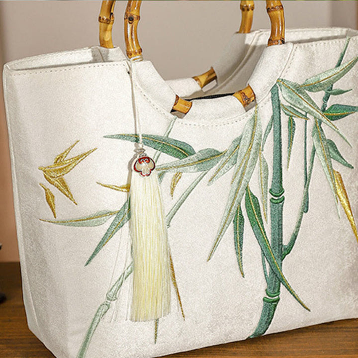 Buddha Stones Embroidery Bamboo Handle Tassel Handbags - image 5