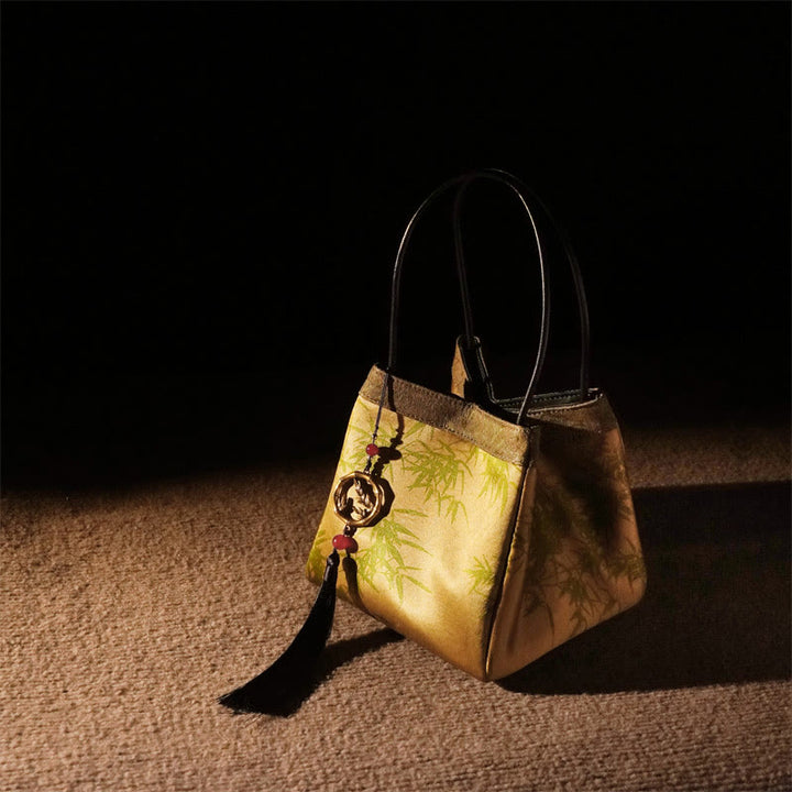 Buddha Stones Plum Flower Bamboo Branches Embroidery Tassel Xiangyunsha Silk Shoulder Bag Hangbags - Yellow Bamboo Leaves 16*16*16cm - image 0