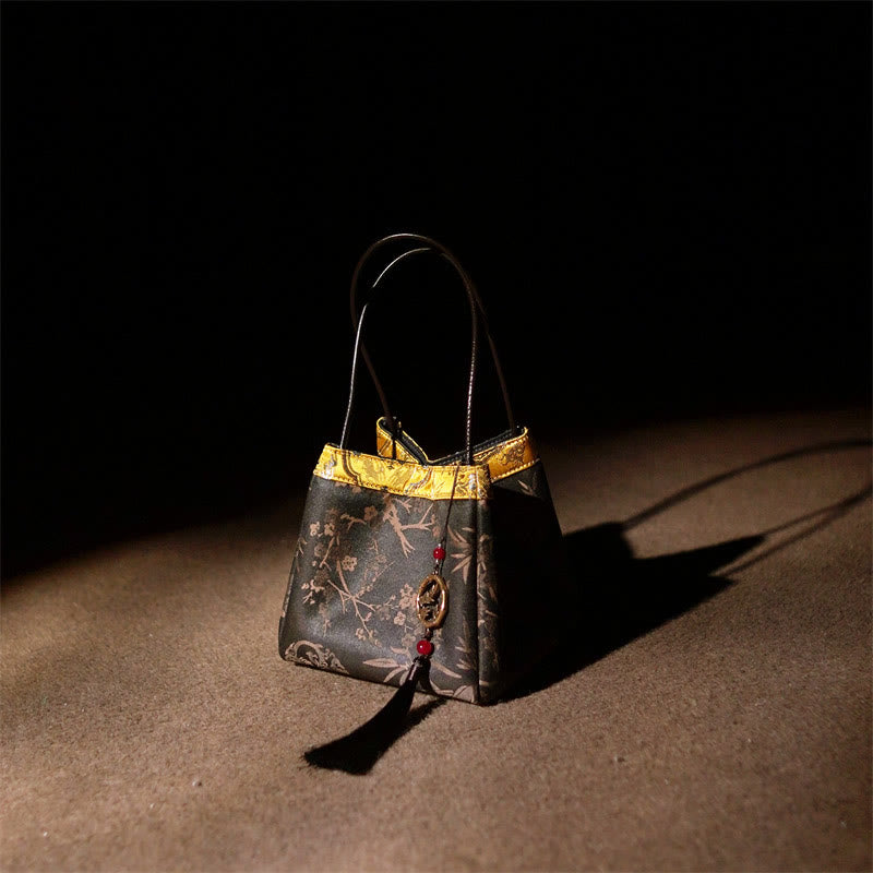 Buddha Stones Plum Flower Bamboo Branches Embroidery Tassel Xiangyunsha Silk Shoulder Bag Hangbags - Black Plum Bamboo Branches 16*16*16cm - image 5