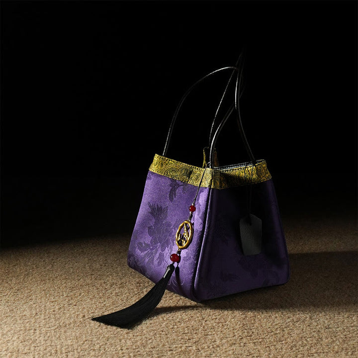 Buddha Stones Plum Flower Bamboo Branches Embroidery Tassel Xiangyunsha Silk Shoulder Bag Hangbags - DarkViolet Flowers Leaves 16*16*16cm - image 24