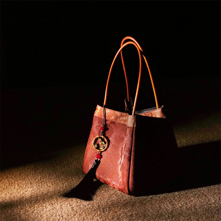 Buddha Stones Plum Flower Bamboo Branches Embroidery Tassel Xiangyunsha Silk Shoulder Bag Hangbags - Tomato Flowers 16*16*16cm - image 12