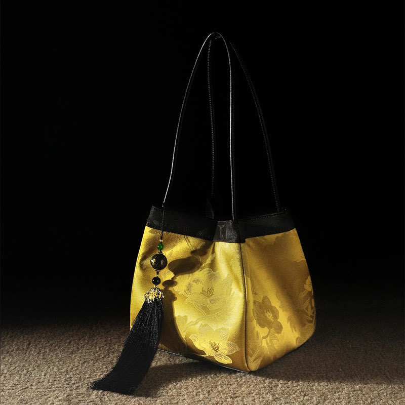 Buddha Stones Retro Flower Butterfly Bird Embroidery Bead Tassel Mulberry Silk Jacquard Xiangyunsha Silk Shoulder Bag Hangbags - image 3