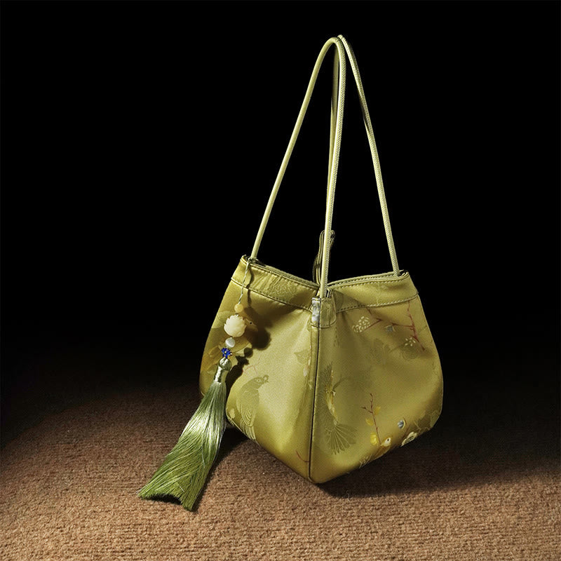 Buddha Stones Retro Flower Butterfly Bird Embroidery Bead Tassel Mulberry Silk Jacquard Xiangyunsha Silk Shoulder Bag Hangbags - GreenYellow Bird-Mulberry Silk 18*17*17cm - image 13