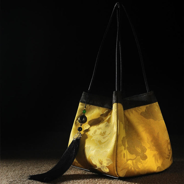 Buddha Stones Retro Flower Butterfly Bird Embroidery Bead Tassel Mulberry Silk Jacquard Xiangyunsha Silk Shoulder Bag Hangbags - image 4