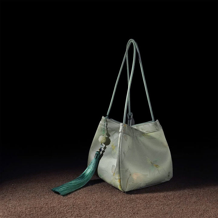 Buddha Stones Retro Flower Butterfly Bird Embroidery Bead Tassel Mulberry Silk Jacquard Xiangyunsha Silk Shoulder Bag Hangbags - PaleTurquoise Butterfly-Mulberry Silk 18*17*17cm - image 14