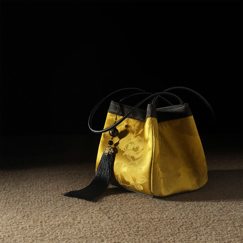 Buddha Stones Retro Flower Butterfly Bird Embroidery Bead Tassel Mulberry Silk Jacquard Xiangyunsha Silk Shoulder Bag Hangbags - Yellow Lotus Flowers-Xiangyunsha Silk 18*17*17cm - image 0