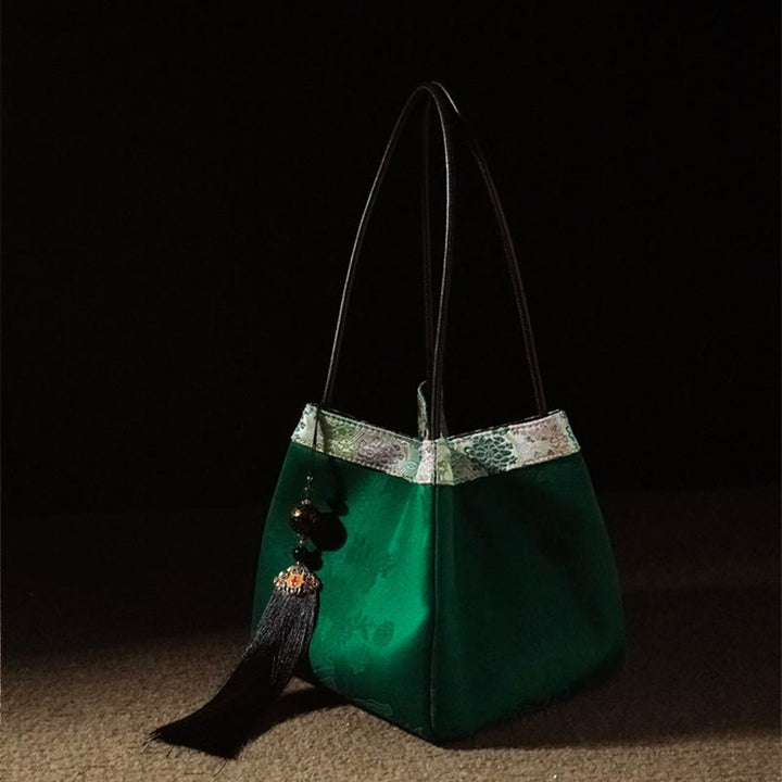 Buddha Stones Retro Flower Butterfly Bird Embroidery Bead Tassel Mulberry Silk Jacquard Xiangyunsha Silk Shoulder Bag Hangbags - SeaGreen Flowers Leaves-Xiangyunsha Silk 18*17*17cm - image 10