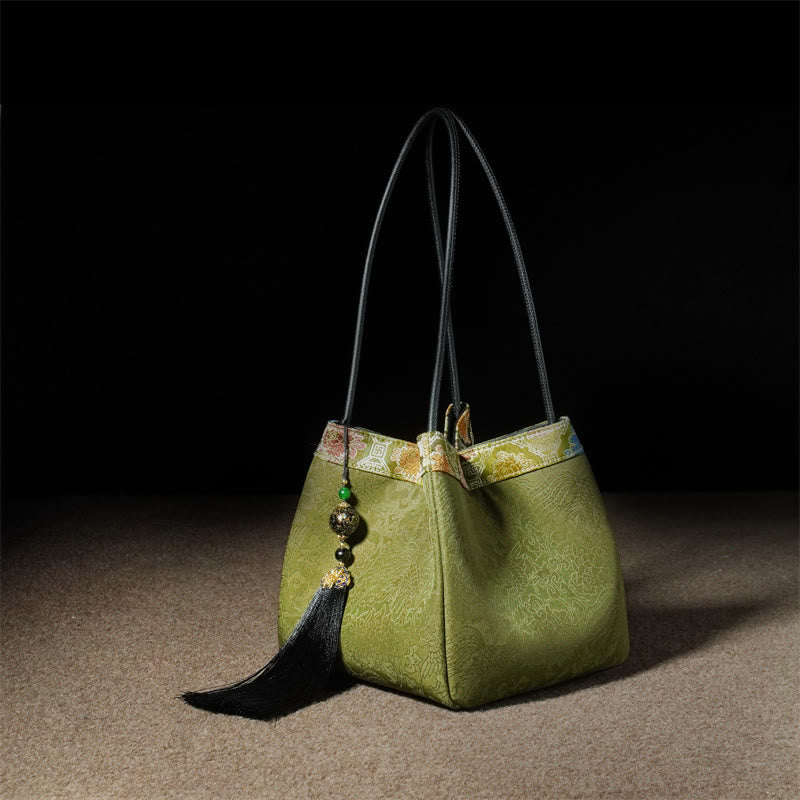 Buddha Stones Retro Flower Butterfly Bird Embroidery Bead Tassel Mulberry Silk Jacquard Xiangyunsha Silk Shoulder Bag Hangbags - YellowGreen Flowers-Xiangyunsha Silk 18*17*17cm - image 12