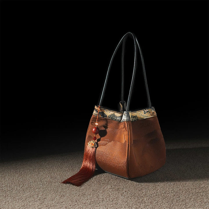 Buddha Stones Retro Flower Butterfly Bird Embroidery Bead Tassel Mulberry Silk Jacquard Xiangyunsha Silk Shoulder Bag Hangbags - Chocolate-Xiangyunsha Silk 18*17*17cm - image 9