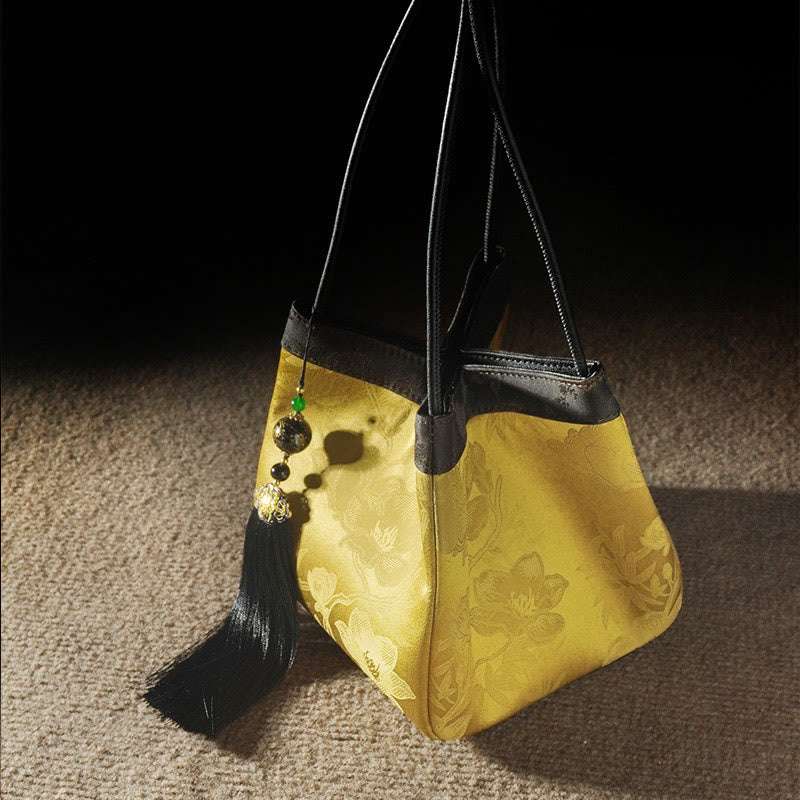 Buddha Stones Retro Flower Butterfly Bird Embroidery Bead Tassel Mulberry Silk Jacquard Xiangyunsha Silk Shoulder Bag Hangbags - image 1