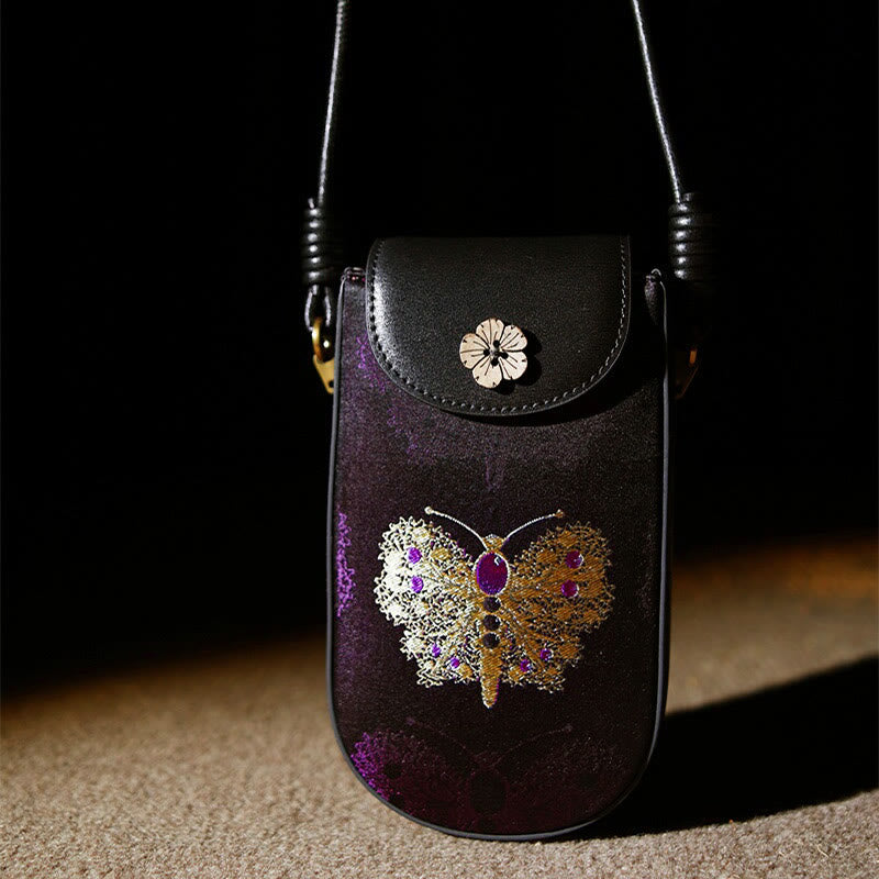 Buddha Stones Retro Flower Butterfly Leaves Branches Song Brocade Shoulder Bag Hangbags - Purple Butterfly Flower 12*20*4cm - image 0