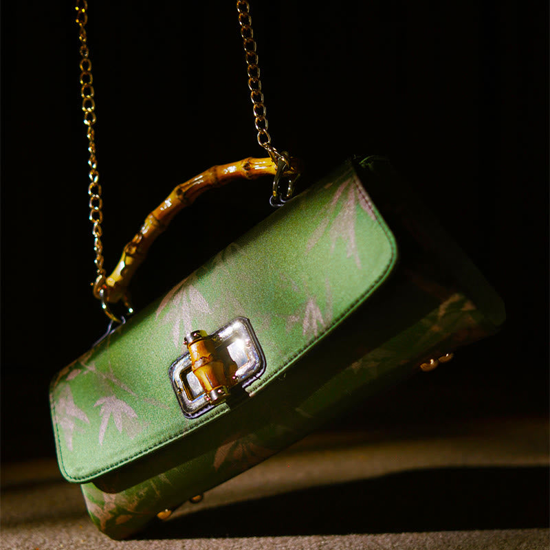 Buddha Stones Leaves Branches Bamboo Handle Metal Chain Crossbody Bag Hangbags - Green Bamboo Leaves 28.5*12*7.5cm - image 0