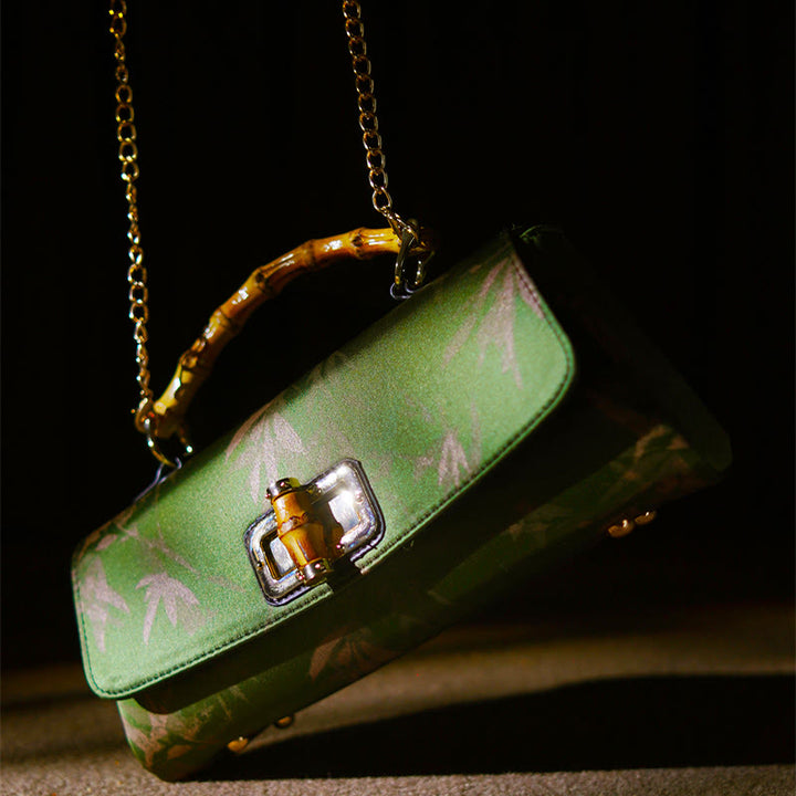 Buddha Stones Leaves Branches Bamboo Handle Metal Chain Crossbody Bag Hangbags - Green Bamboo Leaves 28.5*12*7.5cm - image 0