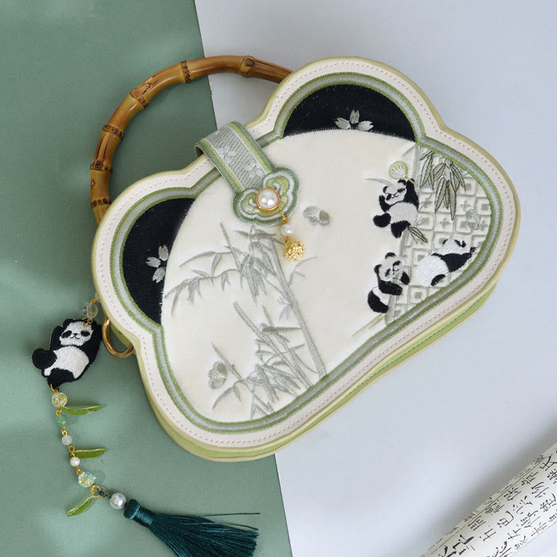 Buddha Stones Panda Bamboo Embroidery Pearl Chain Chinese Knot Tassel Crossbody Bag Handbags - White Bamboo Panda Tassel Pearl Chain 19.5*16.5*5cm - image 0
