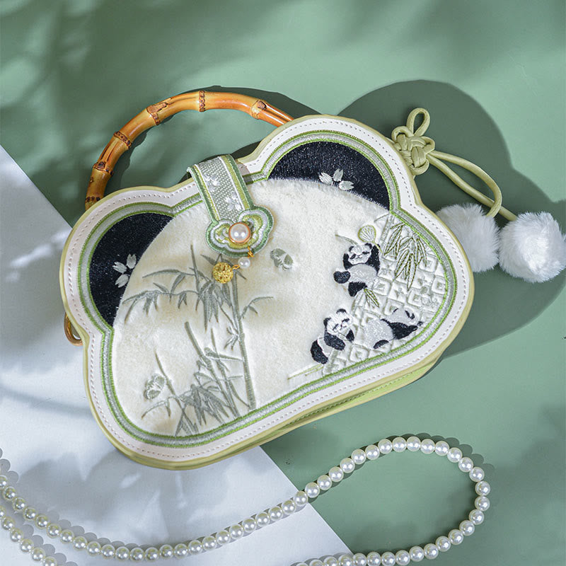 Buddha Stones Panda Bamboo Embroidery Pearl Chain Chinese Knot Tassel Crossbody Bag Handbags - White Panda Bamboo Chinese Knot Tassel Pearl Chain 19.5*16.5*5cm - image 2