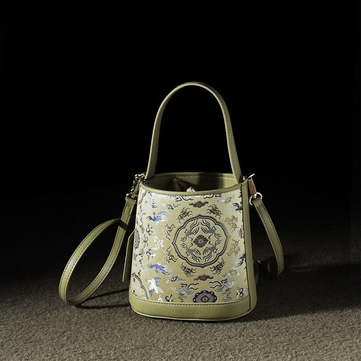 Buddha Stones Retro Crane Deer Song Brocade Crossbody Bag Hangbags - YellowGreen Crane Deer 15*10*16cm - image 0