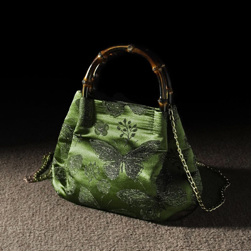 Buddha Stones Jacquard Flowers Butterfly Bamboo Handle Metal Chain Crossbody Bag Hangbags - image 1