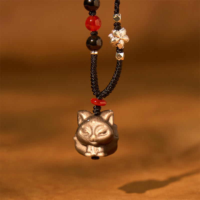 Buddha Stones Natural Silver Sheen Obsidian Nine Tailed Fox Protection Necklace Pendant - image 2