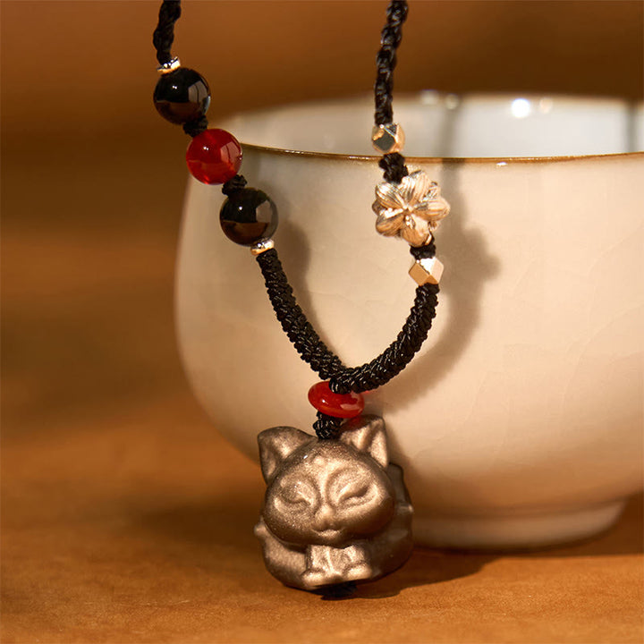 Buddha Stones Natural Silver Sheen Obsidian Nine Tailed Fox Protection Necklace Pendant - image 1
