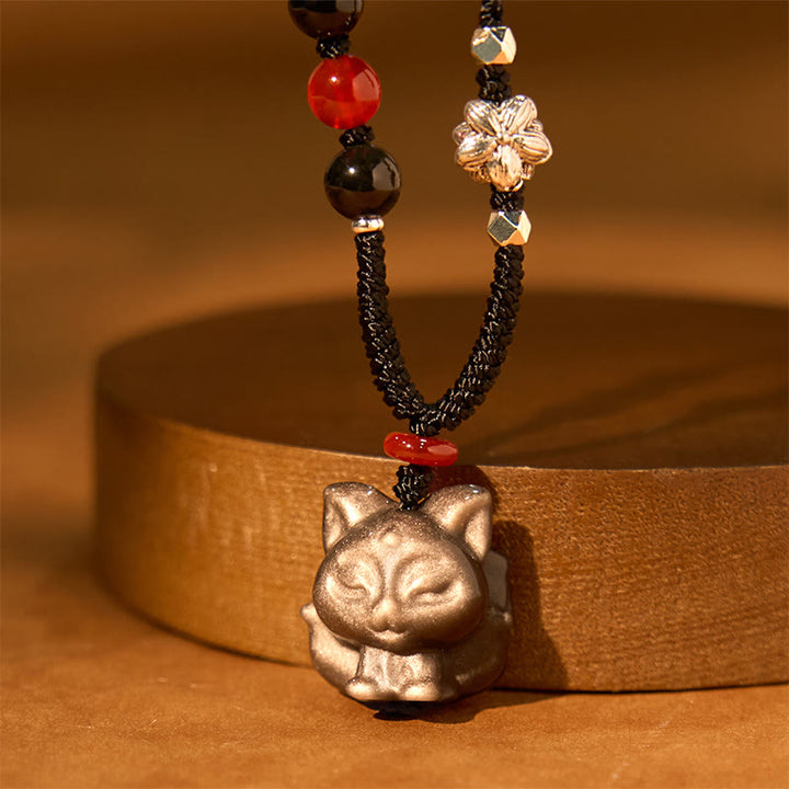 Buddha Stones Natural Silver Sheen Obsidian Nine Tailed Fox Protection Necklace Pendant - Silver Sheen Obsidian Nine Tailed Fox - image 0