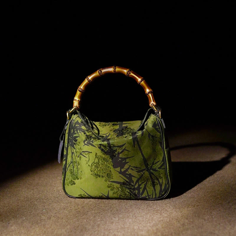 Buddha Stones Lush Bamboo Handle Xiangyunsha Silk Crossbody Bag Hangbags - Green Bamboo 25*20*7cm - image 0
